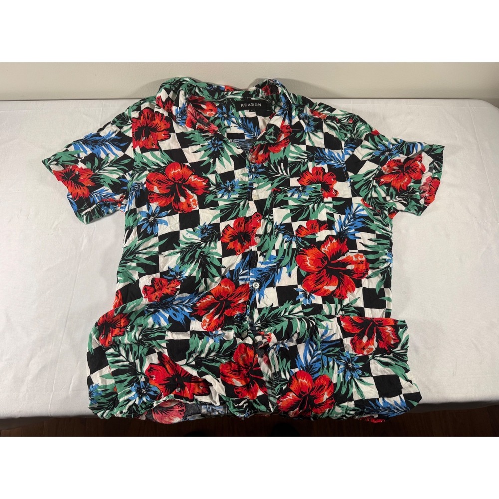 Reason Mens Floral Checkerboard Tropical Short Sleeve Button Down Shirt Large